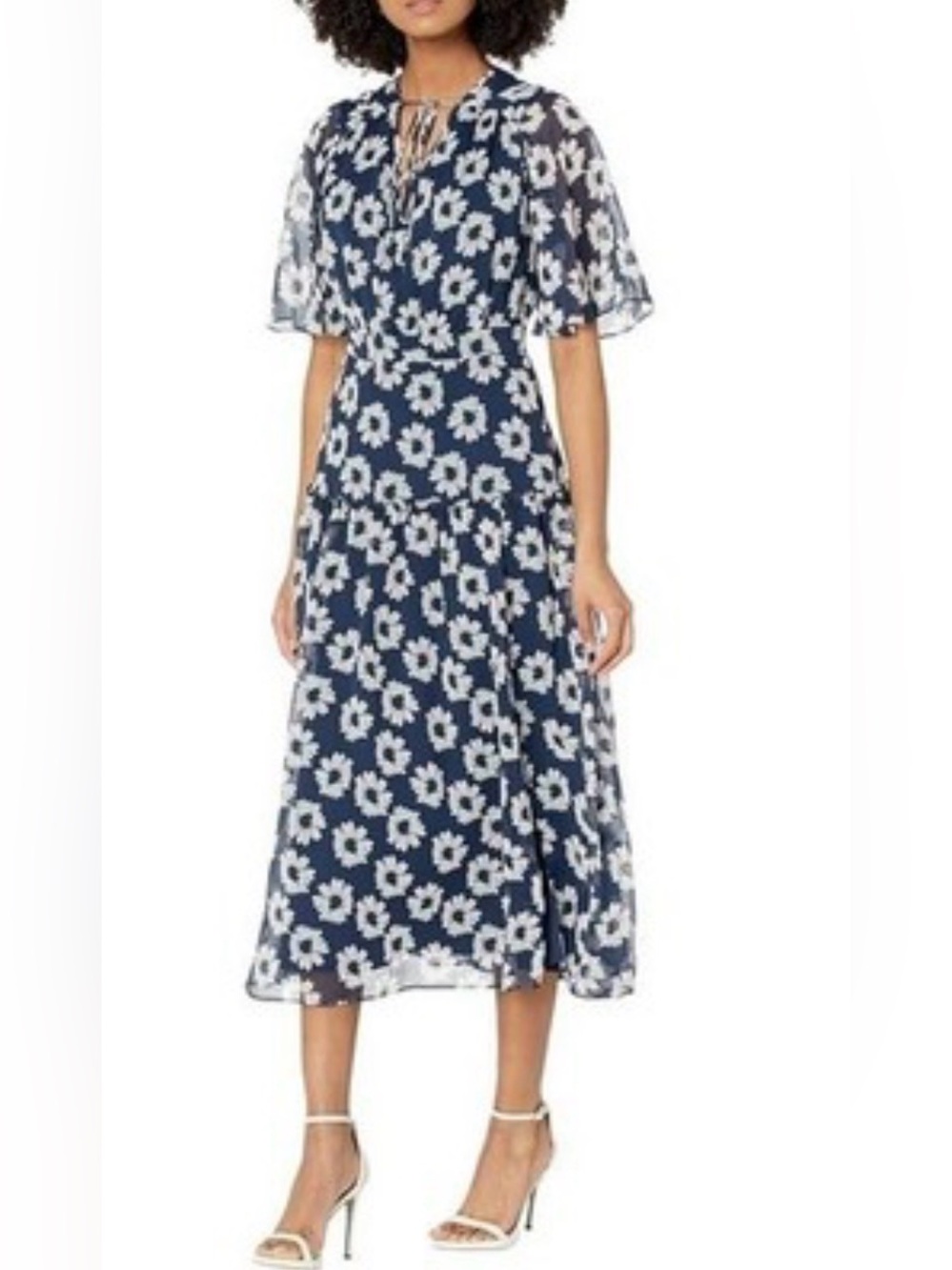 Ted Baker Navy Floral Midi Dress with V-Neck